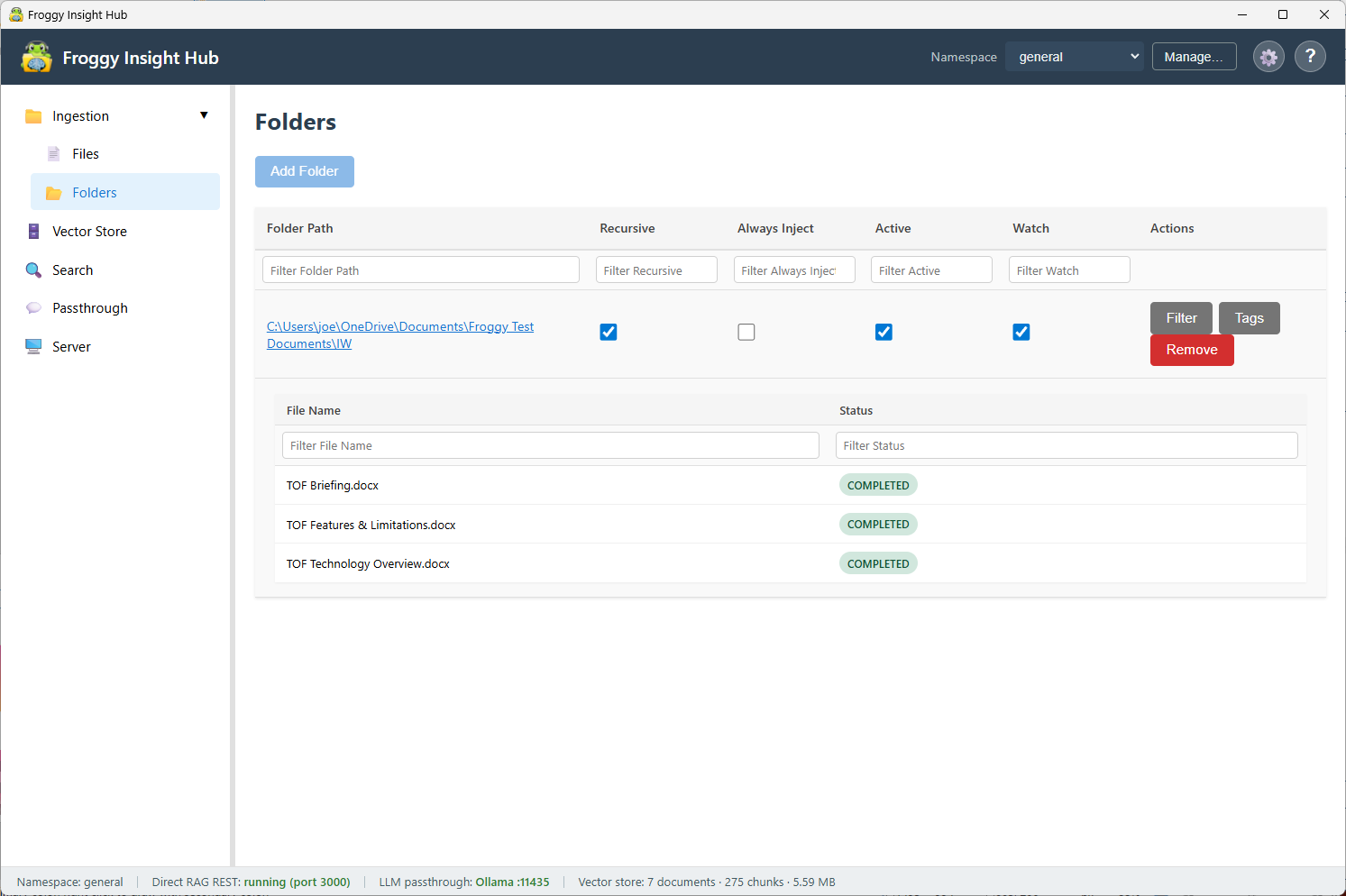 Froggy Context Hub folder ingestion tab for adding local document folders