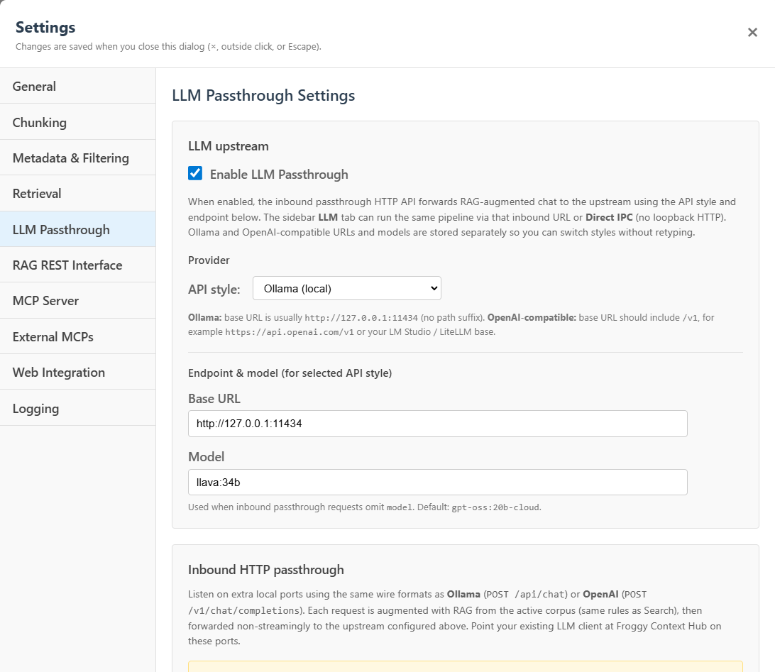 Froggy Context Hub LLM passthrough settings for OpenAI and Ollama listeners