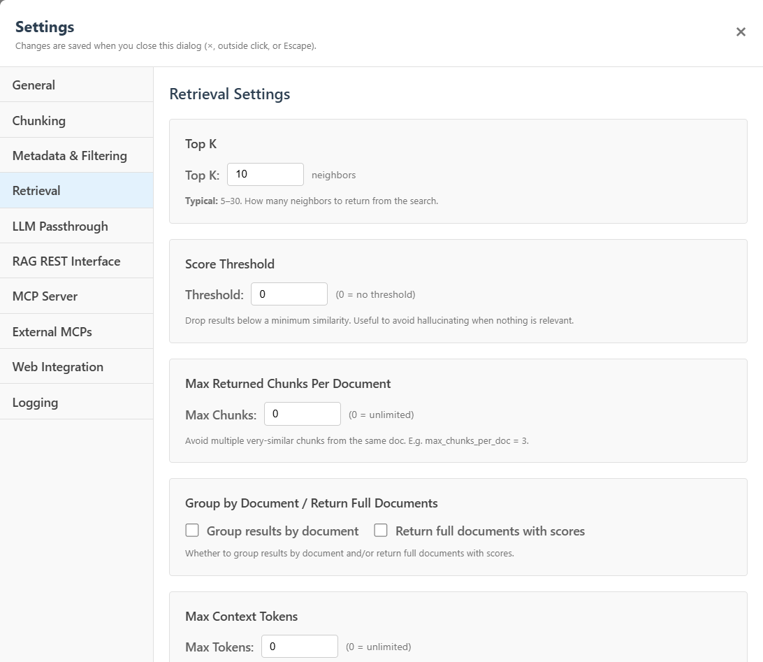 Froggy Context Hub retrieval settings for top-K, thresholds, and context limits